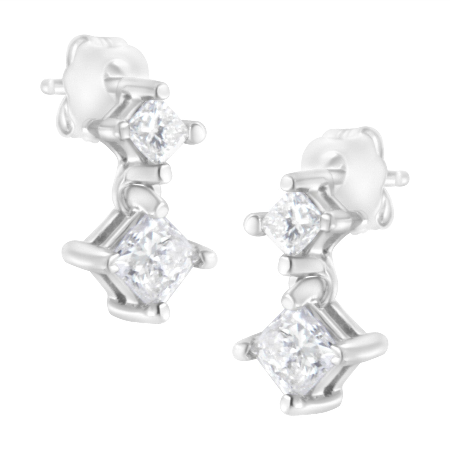 14K White Gold 3/4 cttw Double Diamond Princess-Cut Stud Earrings (I-J Clarity, I2-I3 Color) by Bids.com