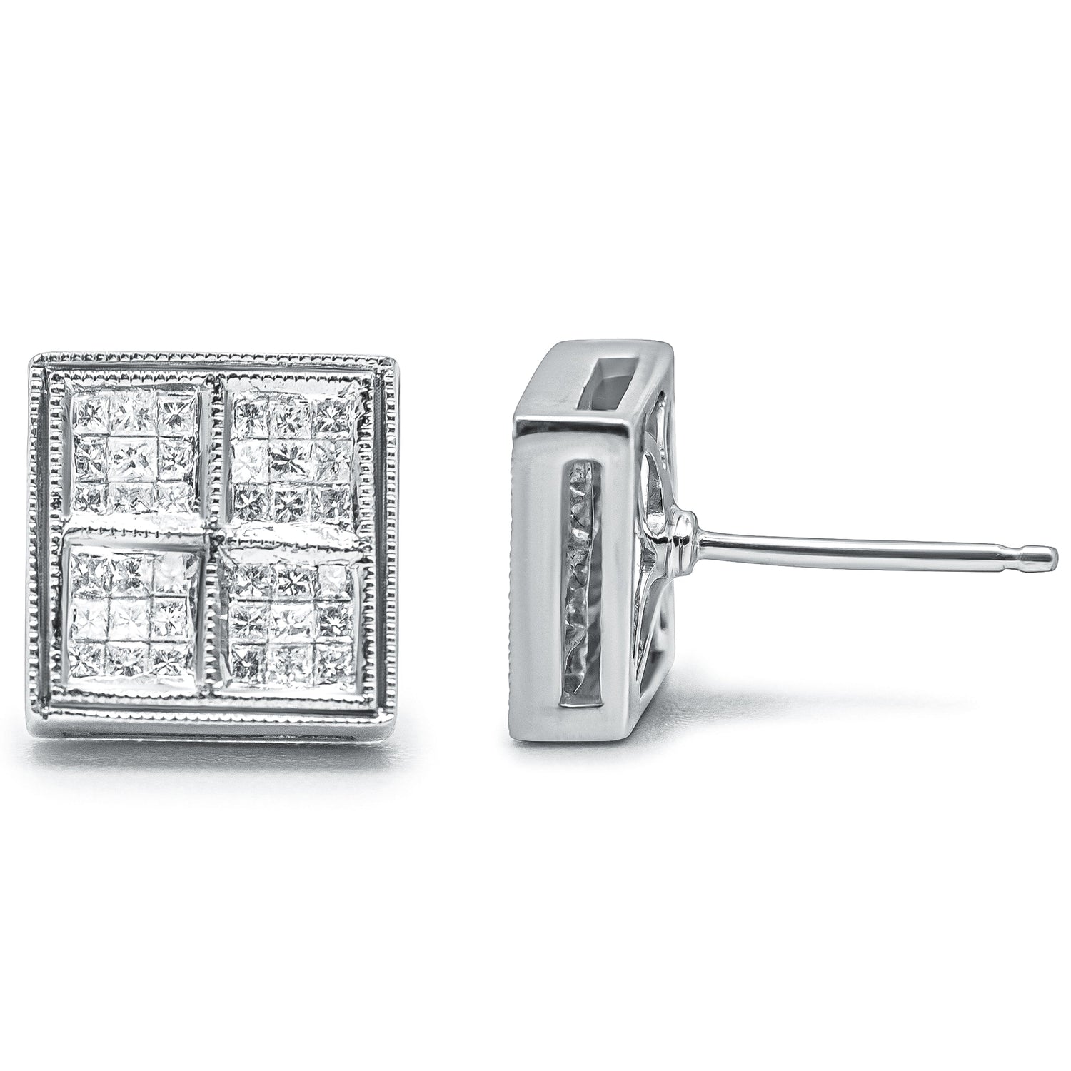 14K White Gold 1/2 Cttw Princess Diamond Composite Box Shape Milgrain Stud Earrings (H-I Color, SI1-SI2 Clarity) by Bids.com