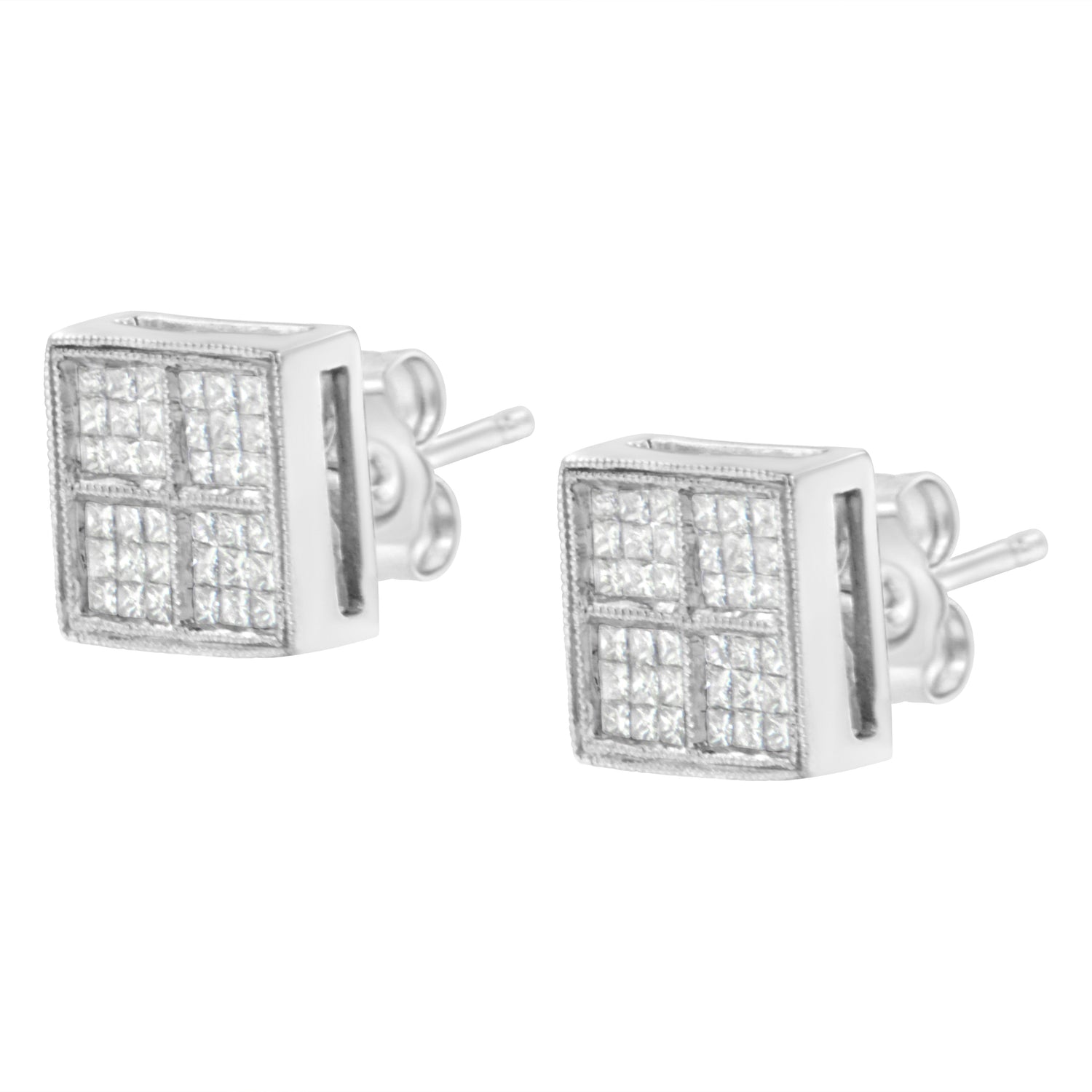 14K White Gold 1/2 Cttw Princess Diamond Composite Box Shape Milgrain Stud Earrings (H-I Color, SI1-SI2 Clarity) by Bids.com