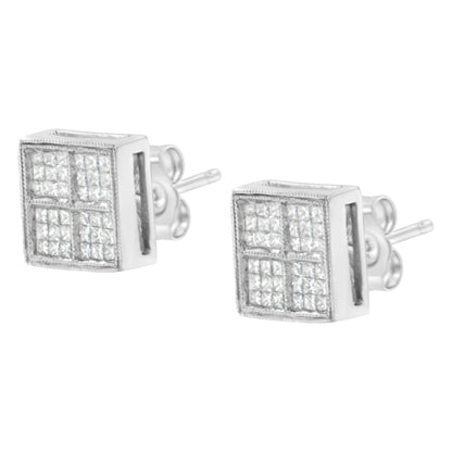 14K White Gold 1/2 Cttw Princess Diamond Composite Box Shape Milgrain Stud Earrings (H-I Color, SI1-SI2 Clarity) by Bids.com