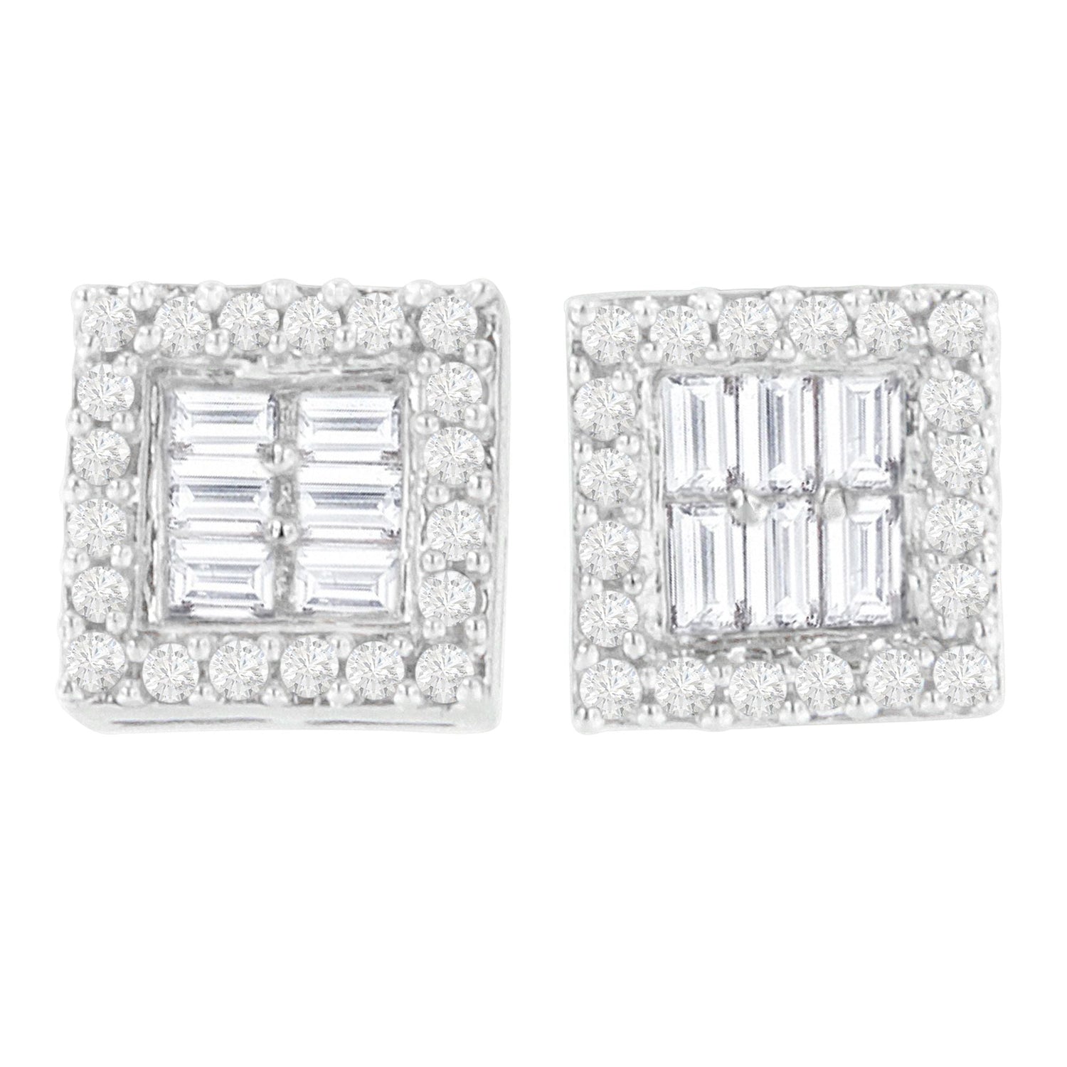 14K White Gold 1 cttw Round and Baguette Diamond Stud Earrings (H-I, SI1-SI2) by Bids.com