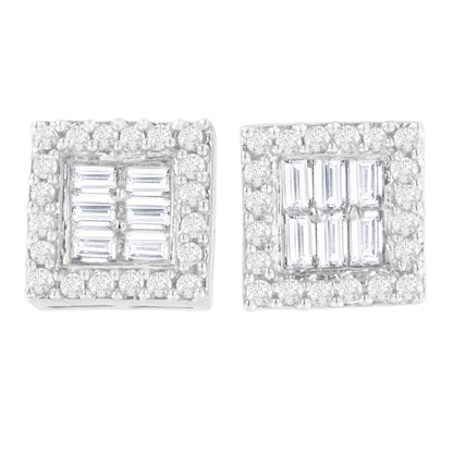 14K White Gold 1 cttw Round and Baguette Diamond Stud Earrings (H-I, SI1-SI2) by Bids.com