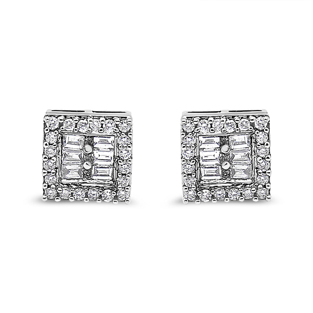 14K White Gold 1 cttw Round and Baguette Diamond Stud Earrings (H-I, SI1-SI2) by Bids.com
