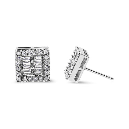14K White Gold 1 cttw Round and Baguette Diamond Stud Earrings (H-I, SI1-SI2) by Bids.com