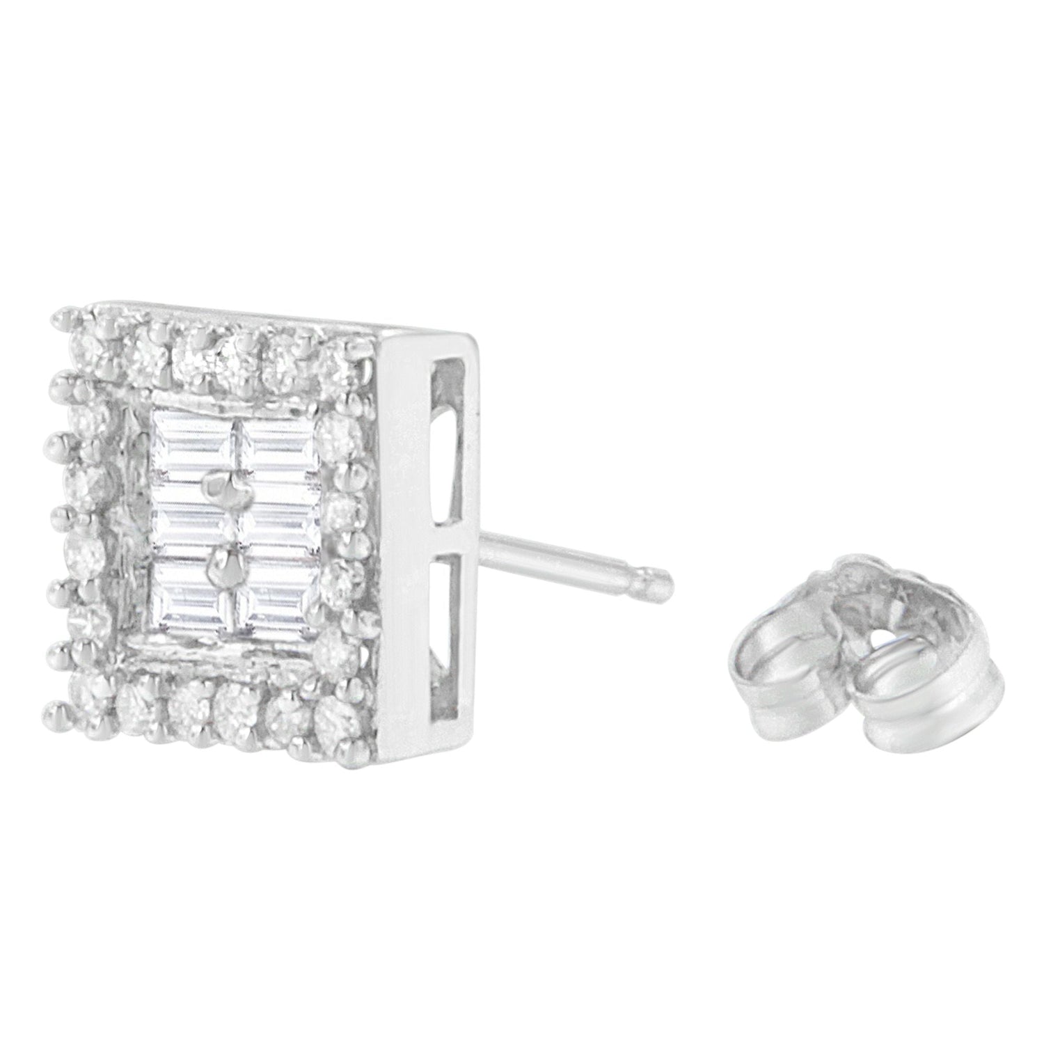14K White Gold 1 cttw Round and Baguette Diamond Stud Earrings (H-I, SI1-SI2) by Bids.com