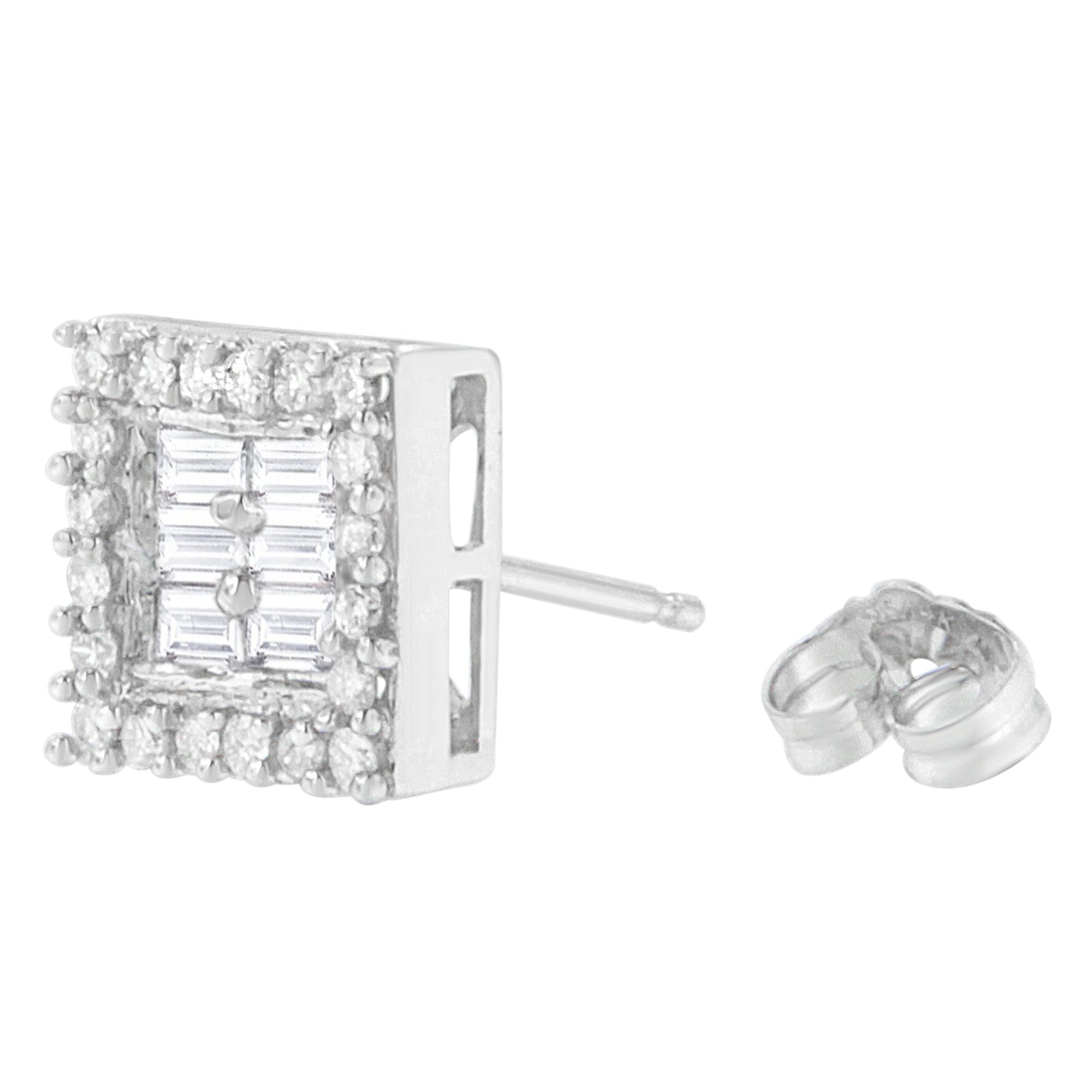14K White Gold 1 cttw Round and Baguette Diamond Stud Earrings (H-I, SI1-SI2) by Bids.com