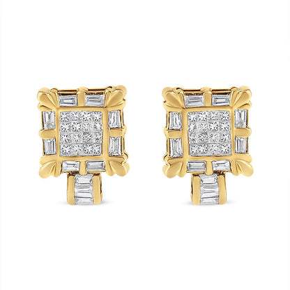 14K Yellow Gold 7/8 Cttw Princess and Baguette-Cut Diamond Square Framed Huggie Hoop Omega Earrings (H-I Color, SI1-SI2 Clarity) by Bids.com