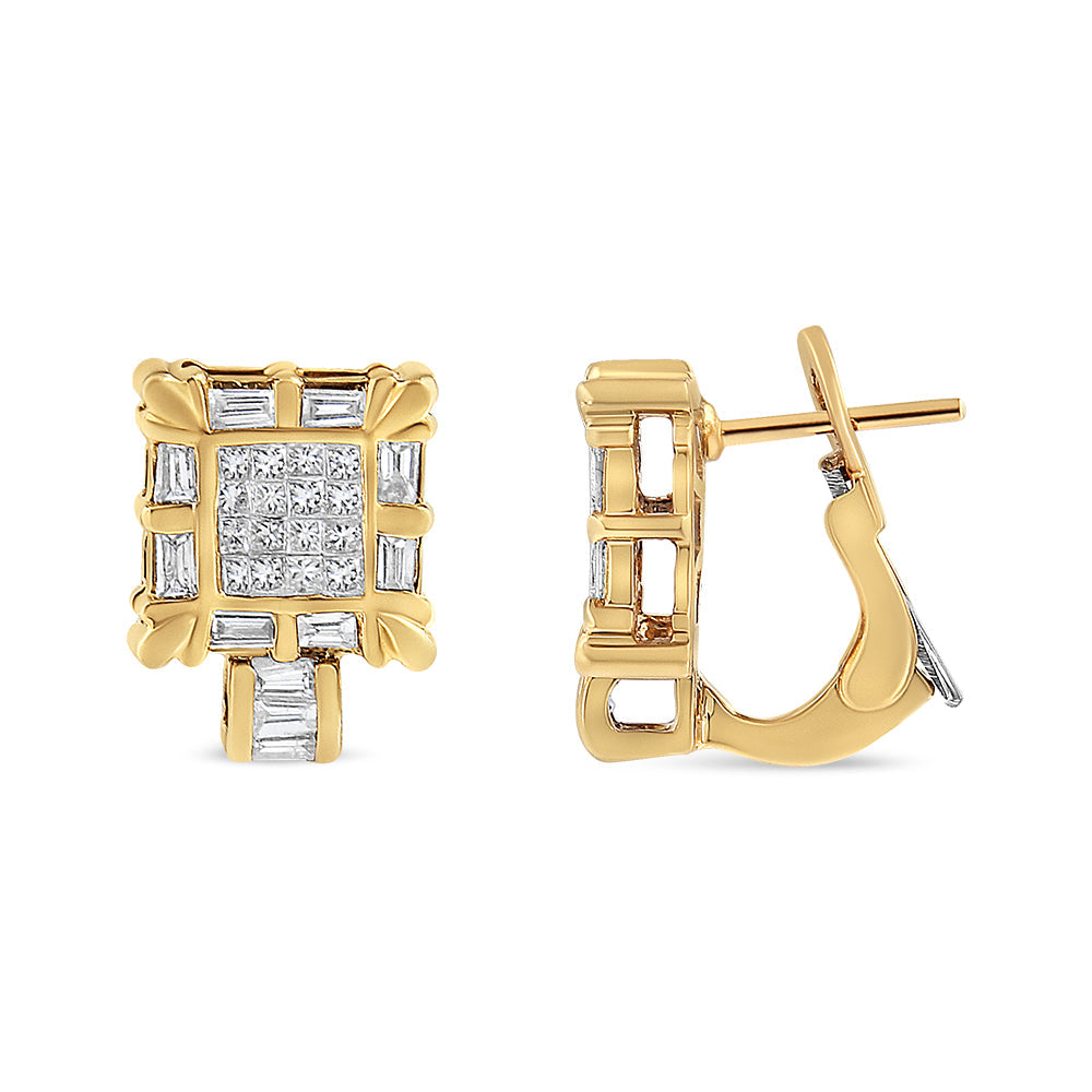 14K Yellow Gold 7/8 Cttw Princess and Baguette-Cut Diamond Square Framed Huggie Hoop Omega Earrings (H-I Color, SI1-SI2 Clarity) by Bids.com