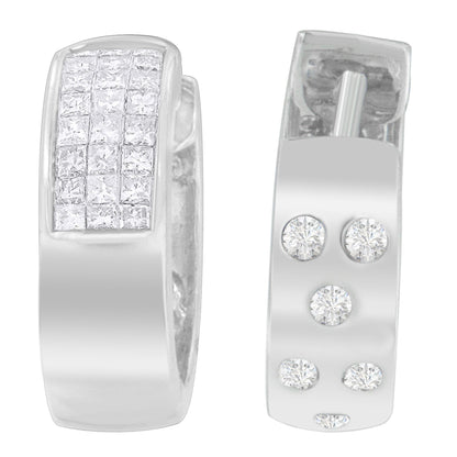14K White Gold 1 1/8 cttw Princess and Round Cut Diamond Huggie Earrings (H-I, VS1-VS2) by Bids.com