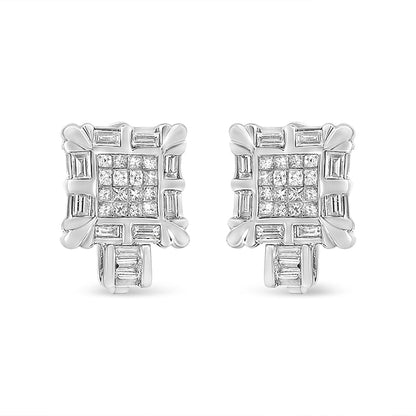 14K White Gold 1.0 Cttw Princess and Baguette-Cut Diamond Square Framed Huggie Hoop Omega Earrings (H-I Color, SI1-SI2 Clarity) by Bids.com