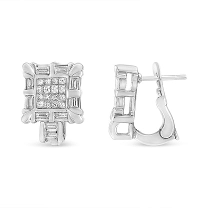 14K White Gold 1.0 Cttw Princess and Baguette-Cut Diamond Square Framed Huggie Hoop Omega Earrings (H-I Color, SI1-SI2 Clarity) by Bids.com