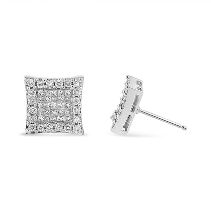 18K White Gold 1.00 Cttw Round and Princess-Cut Diamond Halo Square Stud Earring (G-H Color, SI1-SI2 Clarity) by Bids.com