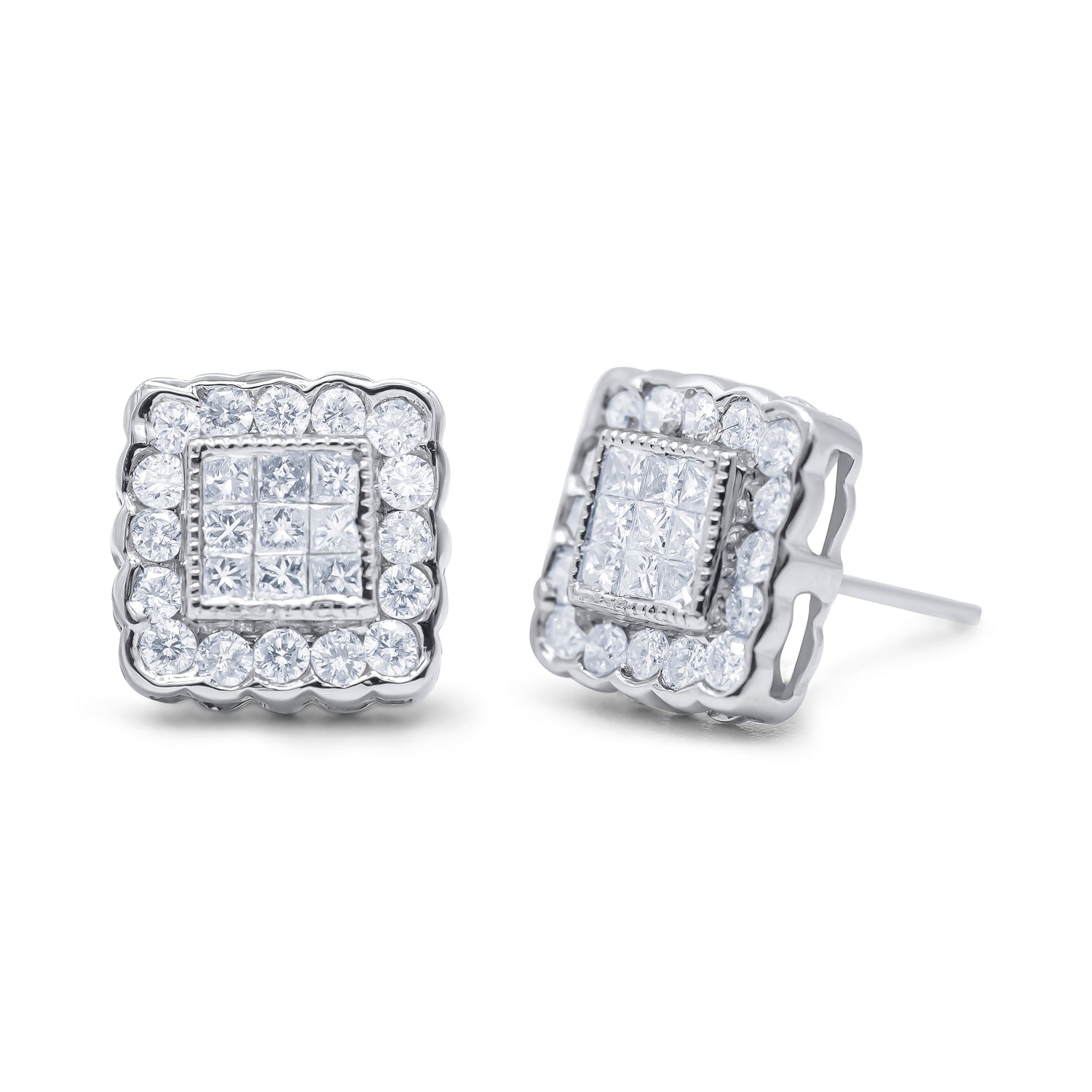 14K White Gold 1.0 Cttw Round Brilliant &amp; Princess Cut Diamond Scallop-Edge Framed Square Halo Stud Earrings (G-H Color, SI1-SI2 Clarity) by Bids.com