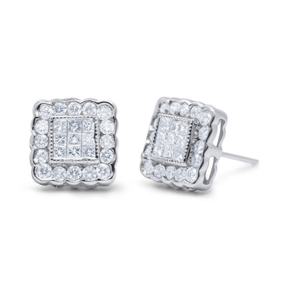14K White Gold 1.0 Cttw Round Brilliant &amp; Princess Cut Diamond Scallop-Edge Framed Square Halo Stud Earrings (G-H Color, SI1-SI2 Clarity) by Bids.com