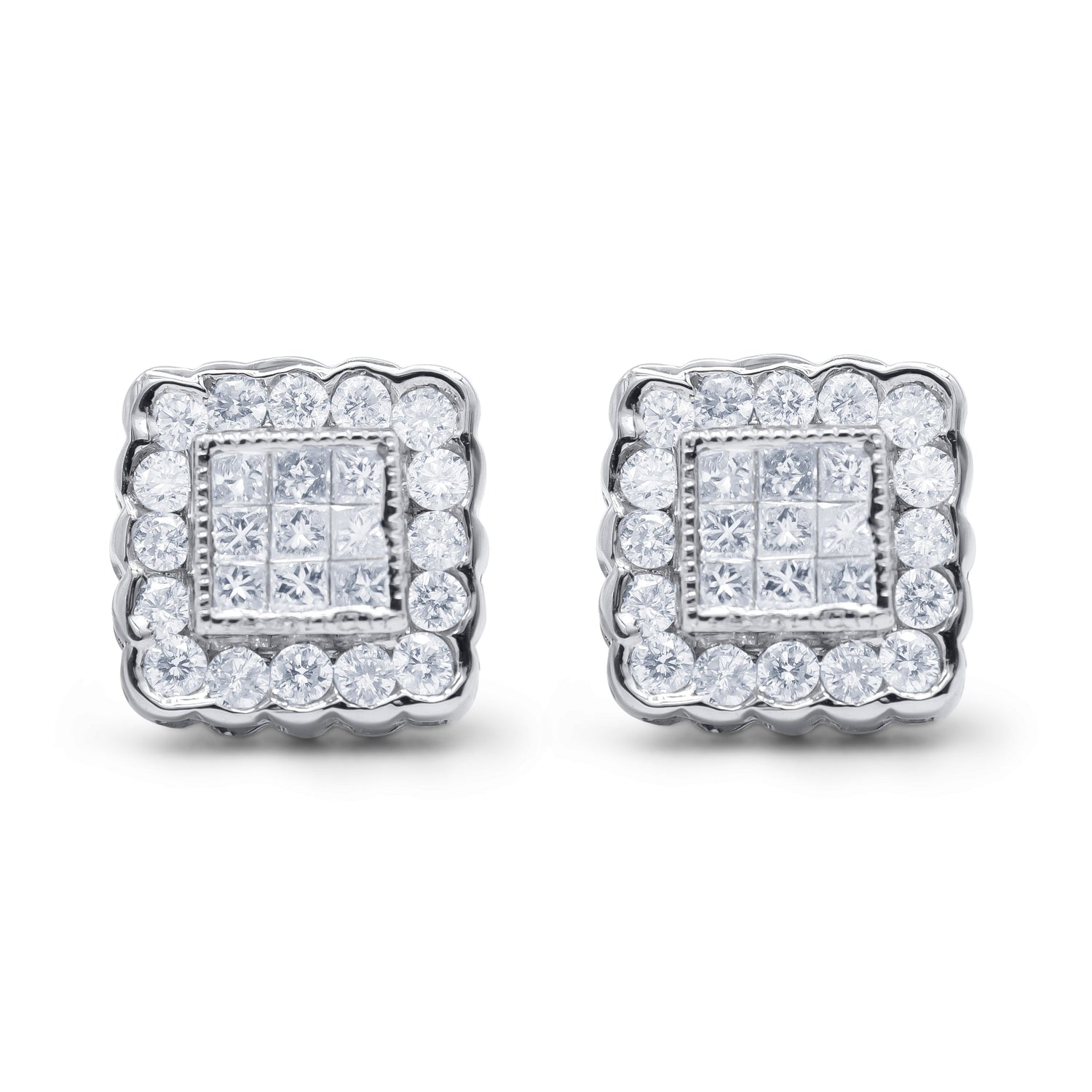 14K White Gold 1.0 Cttw Round Brilliant &amp; Princess Cut Diamond Scallop-Edge Framed Square Halo Stud Earrings (G-H Color, SI1-SI2 Clarity) by Bids.com