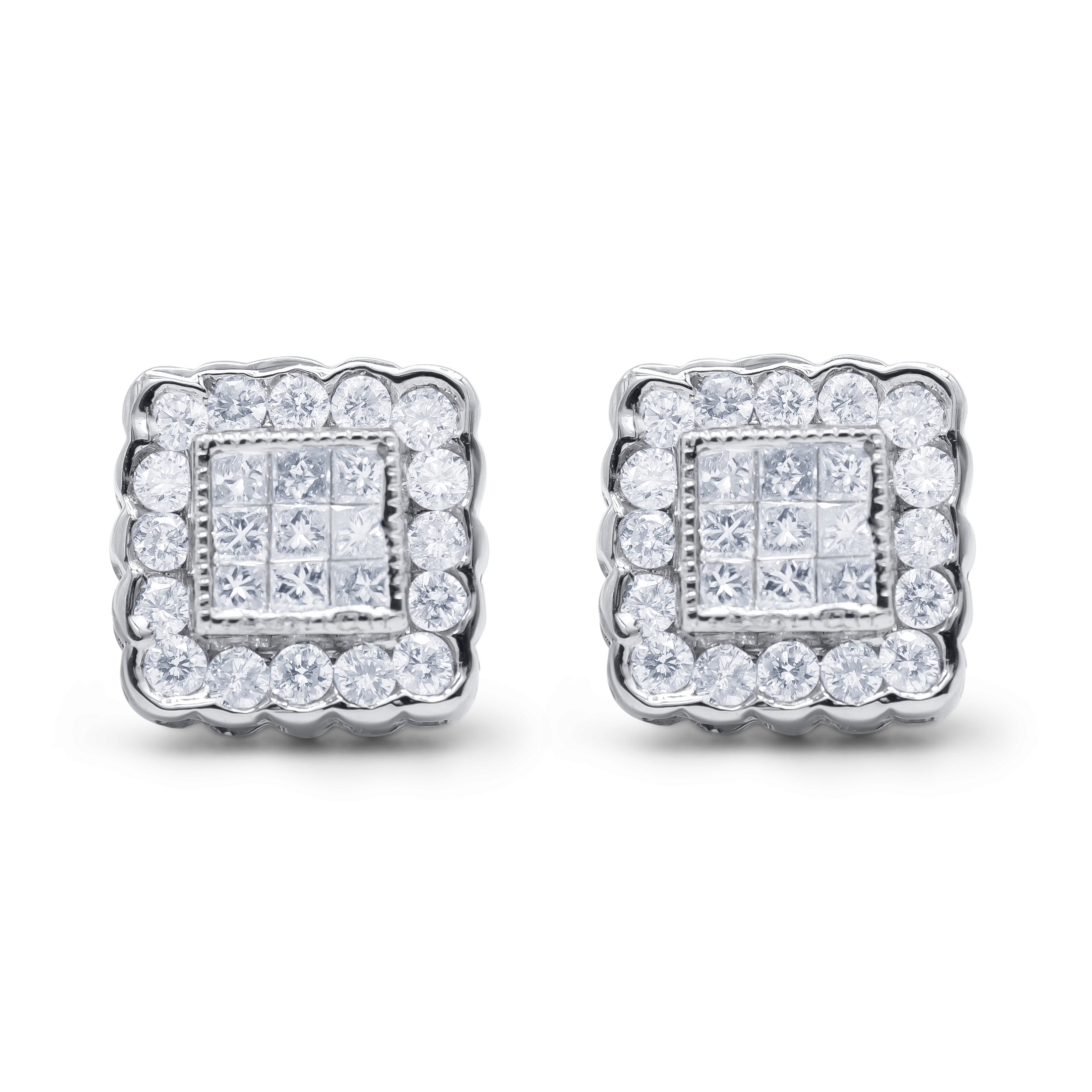 14K White Gold 1.0 Cttw Round Brilliant &amp; Princess Cut Diamond Scallop-Edge Framed Square Halo Stud Earrings (G-H Color, SI1-SI2 Clarity) by Bids.com
