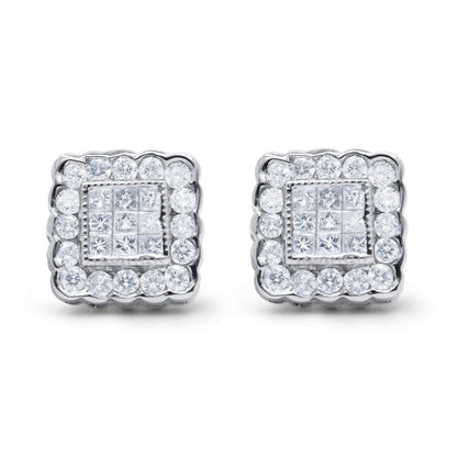14K White Gold 1.0 Cttw Round Brilliant &amp; Princess Cut Diamond Scallop-Edge Framed Square Halo Stud Earrings (G-H Color, SI1-SI2 Clarity) by Bids.com