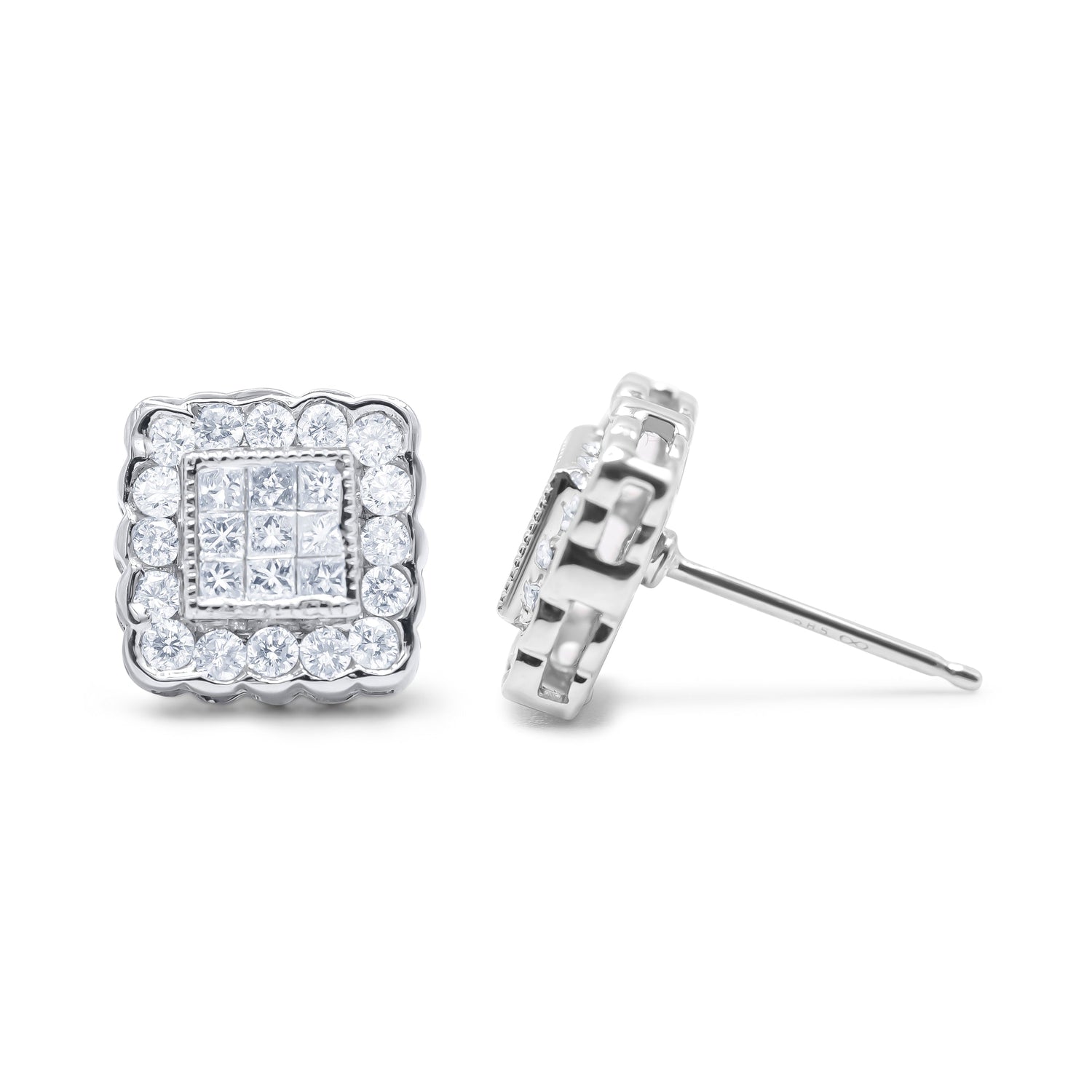 14K White Gold 1.0 Cttw Round Brilliant &amp; Princess Cut Diamond Scallop-Edge Framed Square Halo Stud Earrings (G-H Color, SI1-SI2 Clarity) by Bids.com