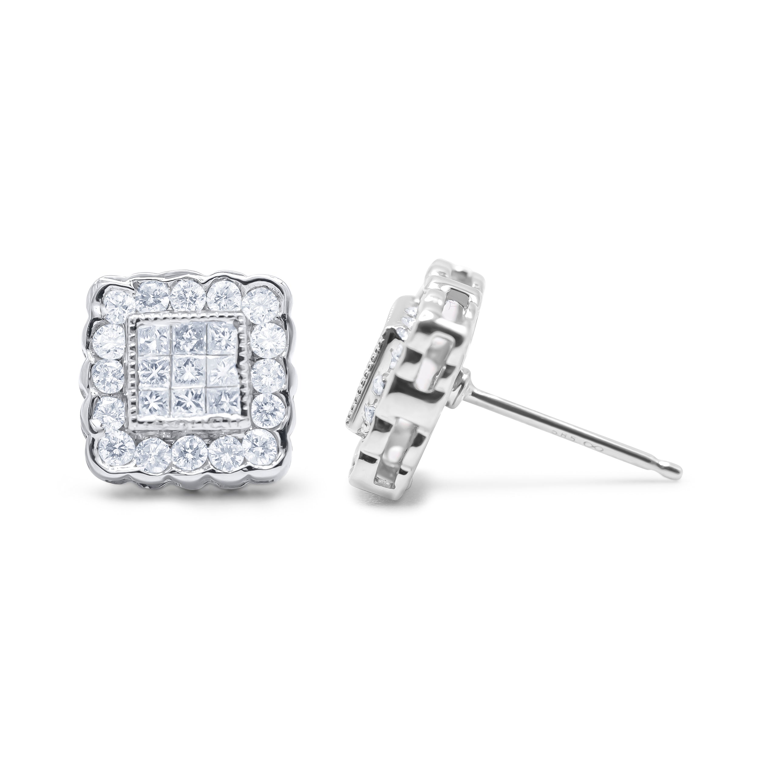 14K White Gold 1.0 Cttw Round Brilliant &amp; Princess Cut Diamond Scallop-Edge Framed Square Halo Stud Earrings (G-H Color, SI1-SI2 Clarity) by Bids.com