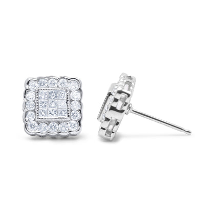 14K White Gold 1.0 Cttw Round Brilliant &amp; Princess Cut Diamond Scallop-Edge Framed Square Halo Stud Earrings (G-H Color, SI1-SI2 Clarity) by Bids.com