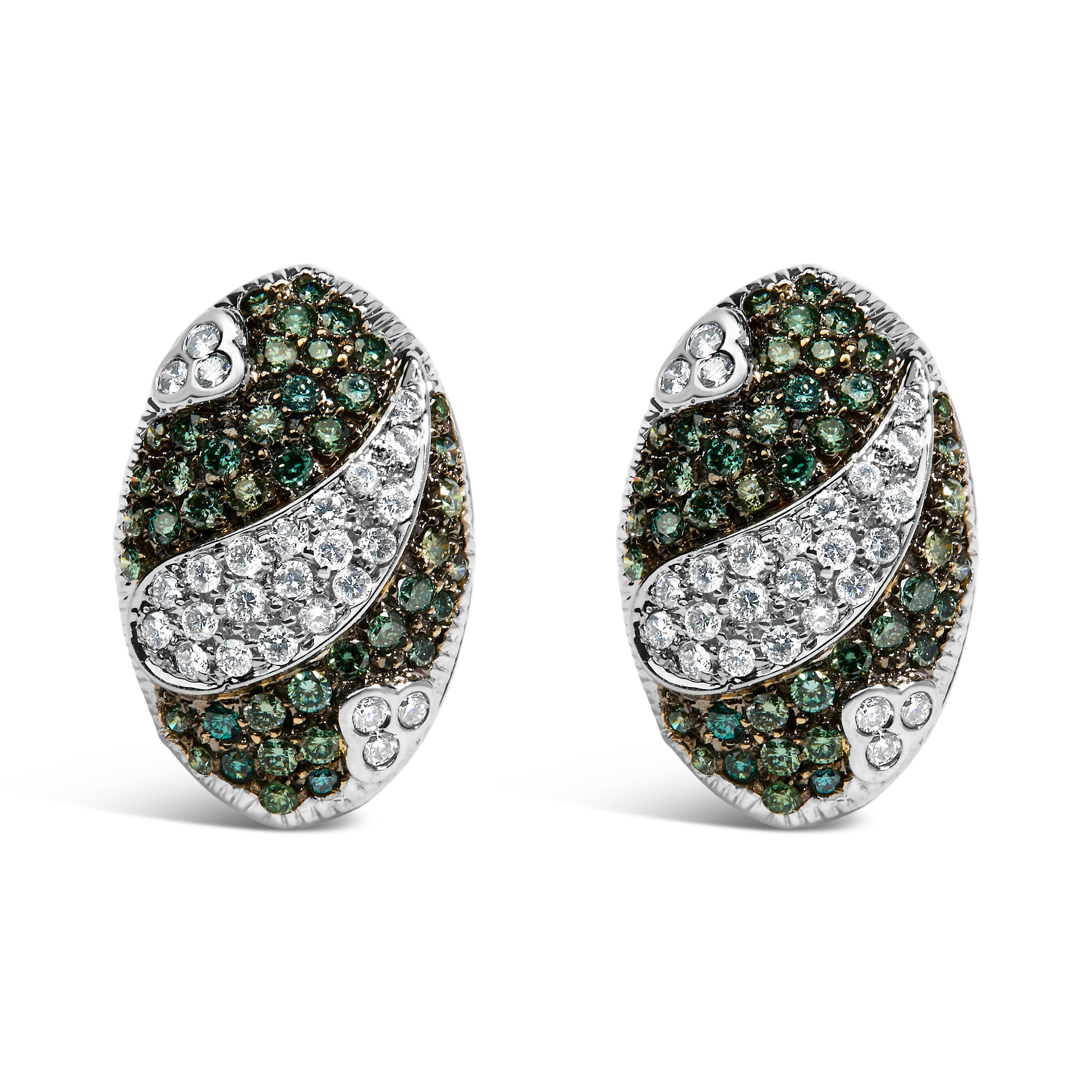14K White Gold 2.00 Cttw White and Treated Blue Diamond Oval Shield Omega Back Earrings (H-I Color, SI1-SI2 Clarity) by Bids.com