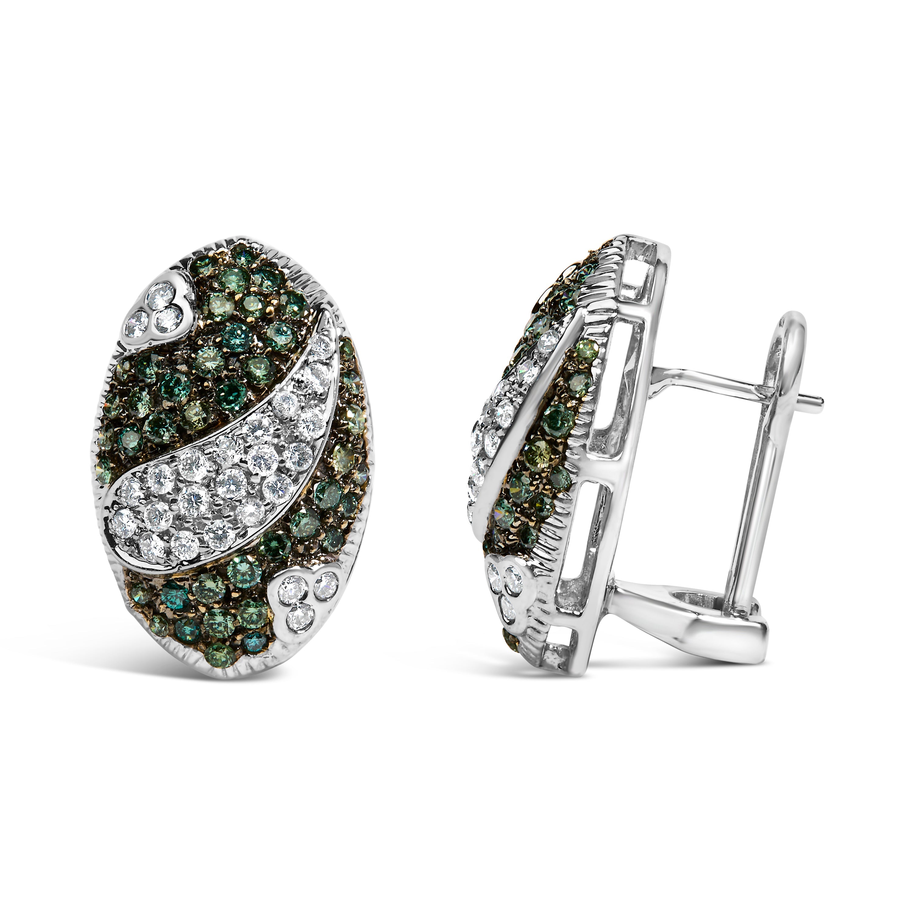 14K White Gold 2.00 Cttw White and Treated Blue Diamond Oval Shield Omega Back Earrings (H-I Color, SI1-SI2 Clarity) by Bids.com