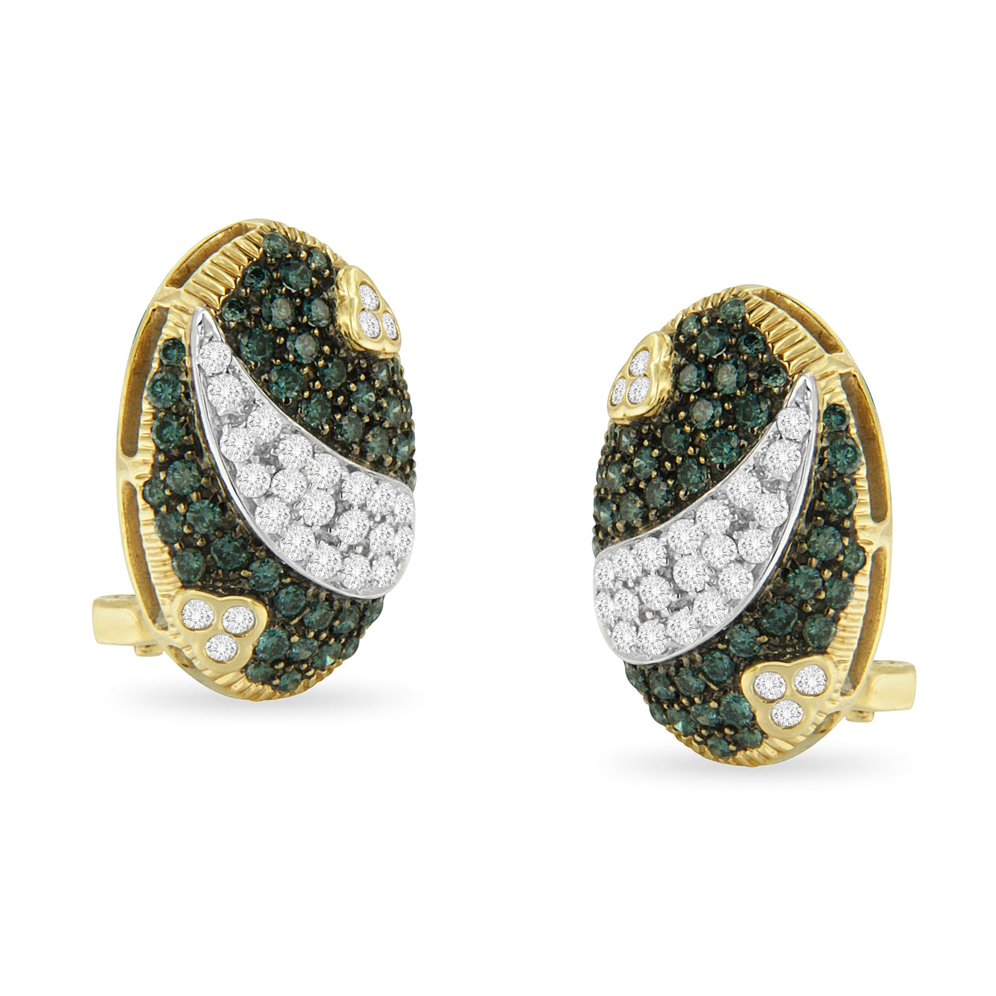 Black and White Rhodium over 14K Yellow Gold 2-1/10 Cttw White and Blue Diamond Oval Omega Back Stud Earrings (H-I and Blue Color, SI1-SI2 Clarity) by Bids.com