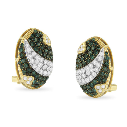 Black and White Rhodium over 14K Yellow Gold 2-1/10 Cttw White and Blue Diamond Oval Omega Back Stud Earrings (H-I and Blue Color, SI1-SI2 Clarity) by Bids.com