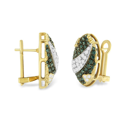 Black and White Rhodium over 14K Yellow Gold 2-1/10 Cttw White and Blue Diamond Oval Omega Back Stud Earrings (H-I and Blue Color, SI1-SI2 Clarity) by Bids.com