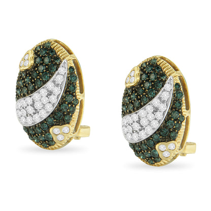 Black and White Rhodium over 14K Yellow Gold 2-1/10 Cttw White and Blue Diamond Oval Omega Back Stud Earrings (H-I and Blue Color, SI1-SI2 Clarity) by Bids.com