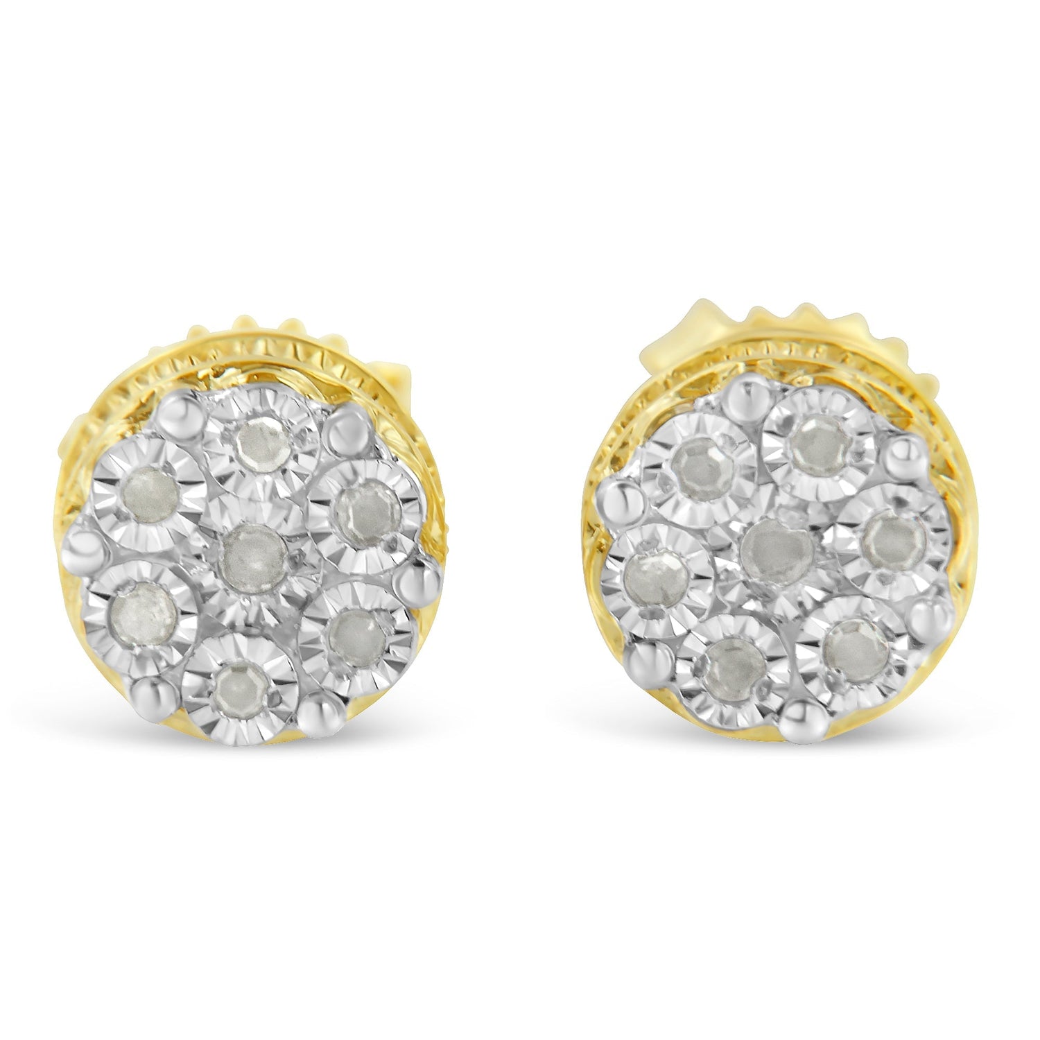 10K Yellow Gold over .925 Sterling Silver 1/7 Cttw Rose-Cut Miracle-Set Diamond Floral Cluster Button Stud Earrings (I-J Color, I3 Clarity)  DestGlow