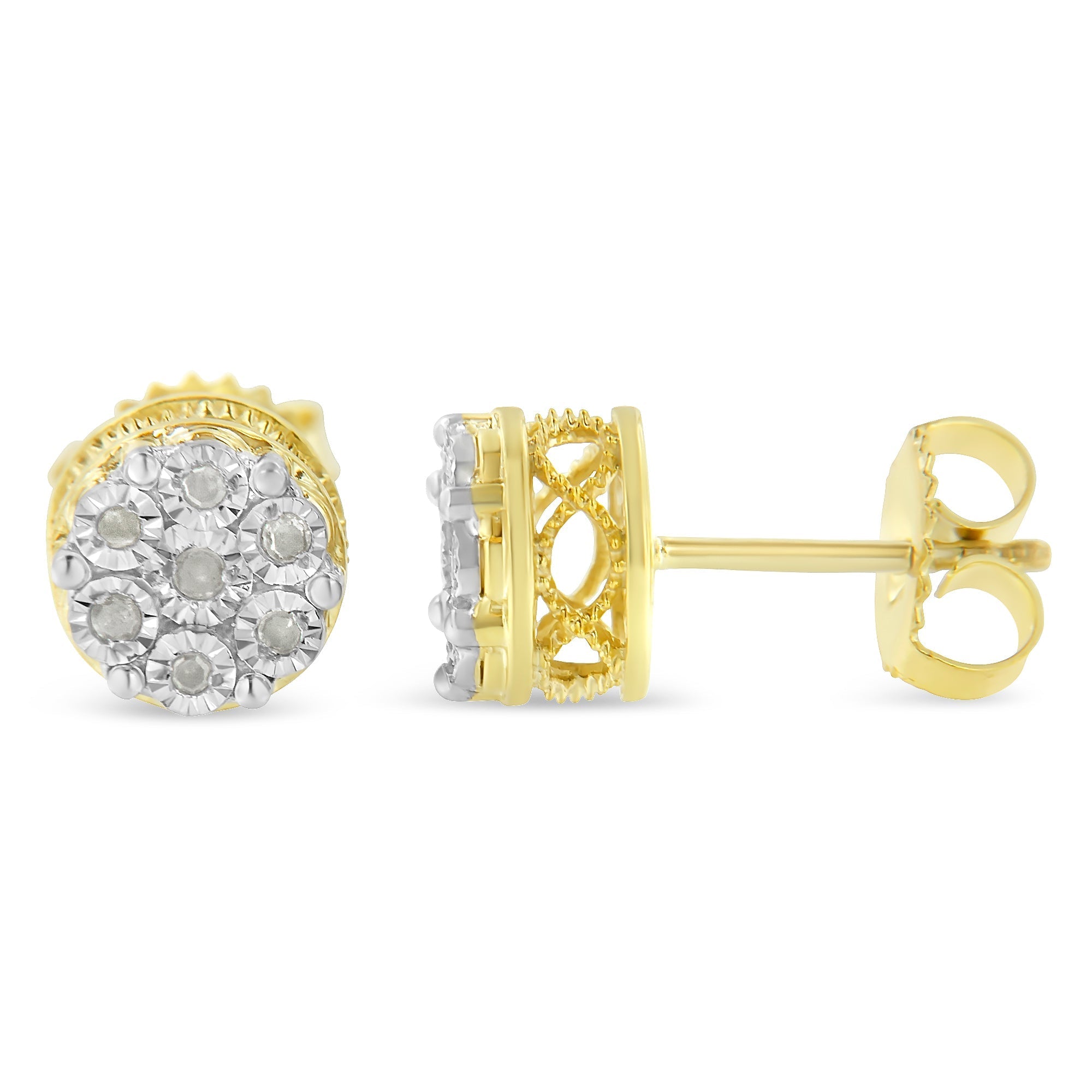 10K Yellow Gold over .925 Sterling Silver 1/7 Cttw Rose-Cut Miracle-Set Diamond Floral Cluster Button Stud Earrings (I-J Color, I3 Clarity)  DestGlow