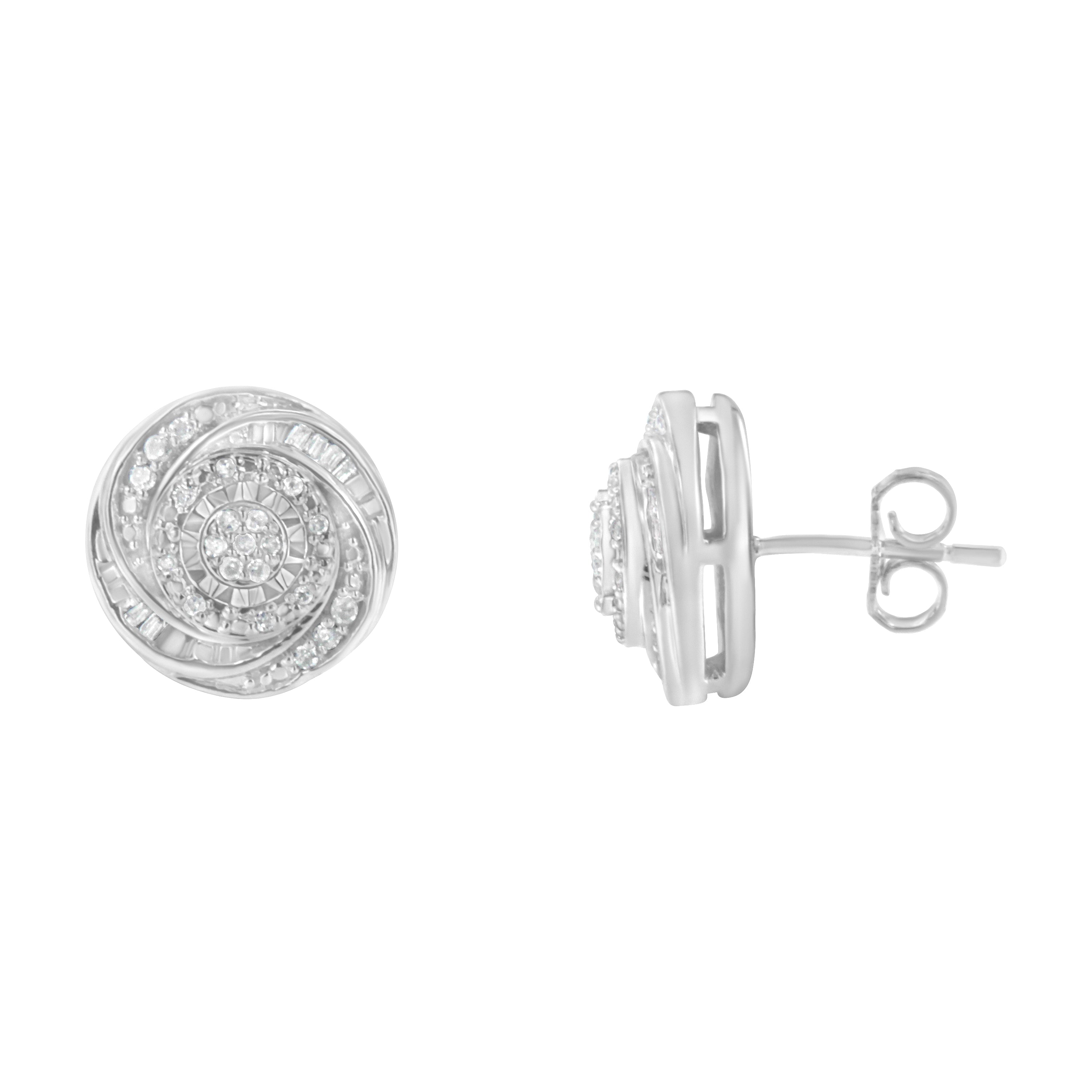 .925 Sterling Silver 1/4 Cttw Baguette and Round Diamond Swirl Love Knot Stud Earrings (I-J Color, I3 Clarity)  DestGlow