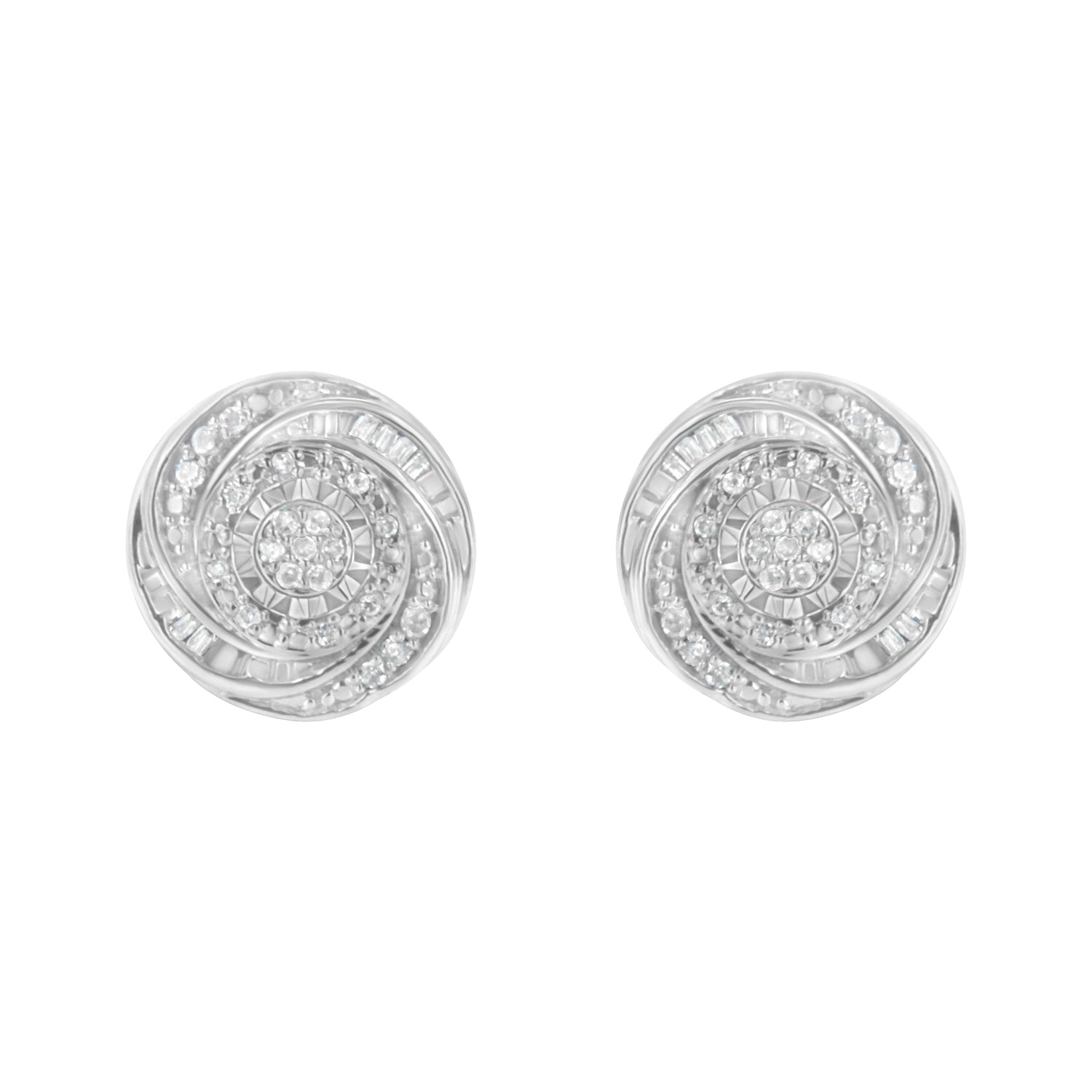 .925 Sterling Silver 1/4 Cttw Baguette and Round Diamond Swirl Love Knot Stud Earrings (I-J Color, I3 Clarity)  DestGlow