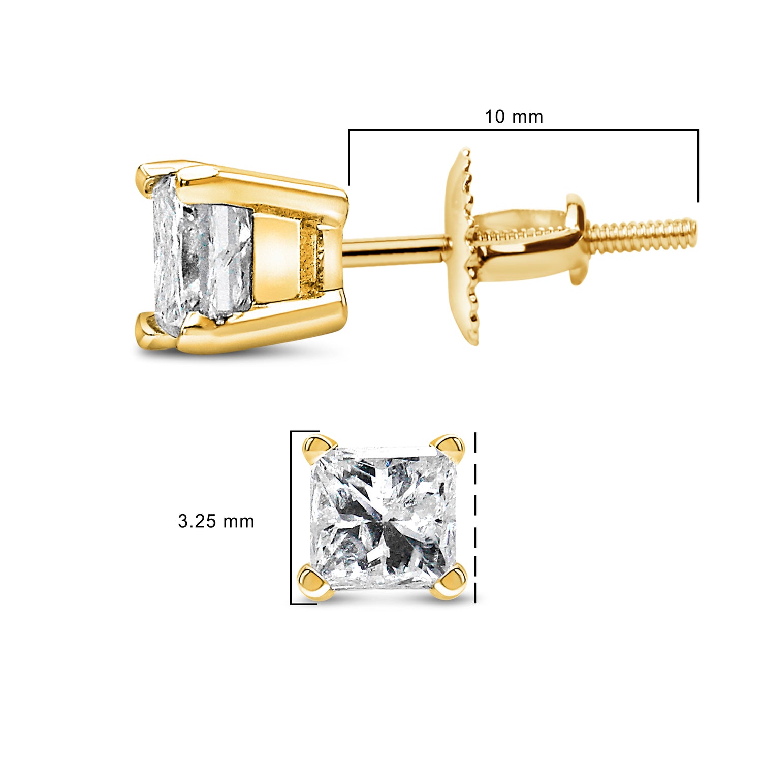 14K Yellow Gold 1/2 Cttw Princess Cut Diamond Solitaire Stud Earrings with Screwbacks (I-J Color, SI2-I1 Clarity) by Bids.com