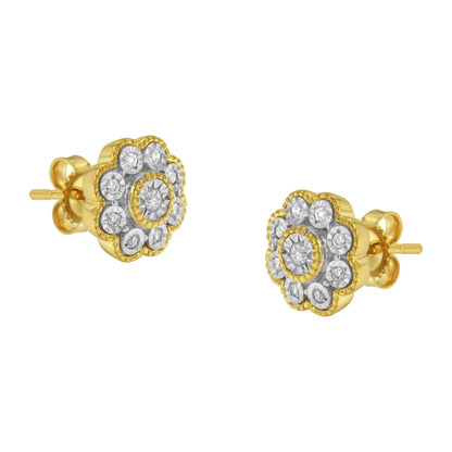14K Yellow Gold Plated .925 Sterling Silver 1/6 Cttw Miracle-Plate Set Diamond Floral Stud Earrings (I-J Color, I2-I3 Clarity) by Bids.com