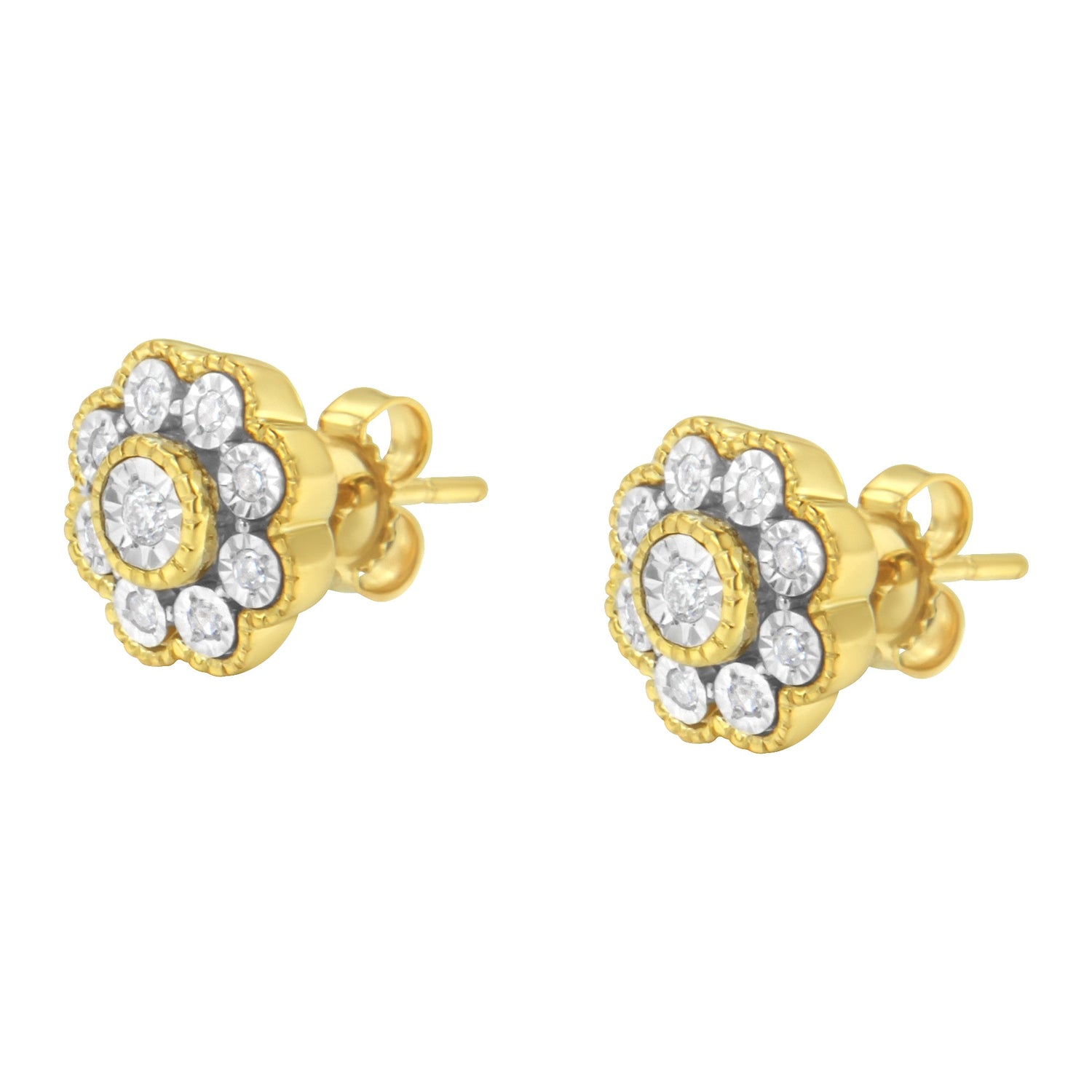 14K Yellow Gold Plated .925 Sterling Silver 1/6 Cttw Miracle-Plate Set Diamond Floral Stud Earrings (I-J Color, I2-I3 Clarity) by Bids.com