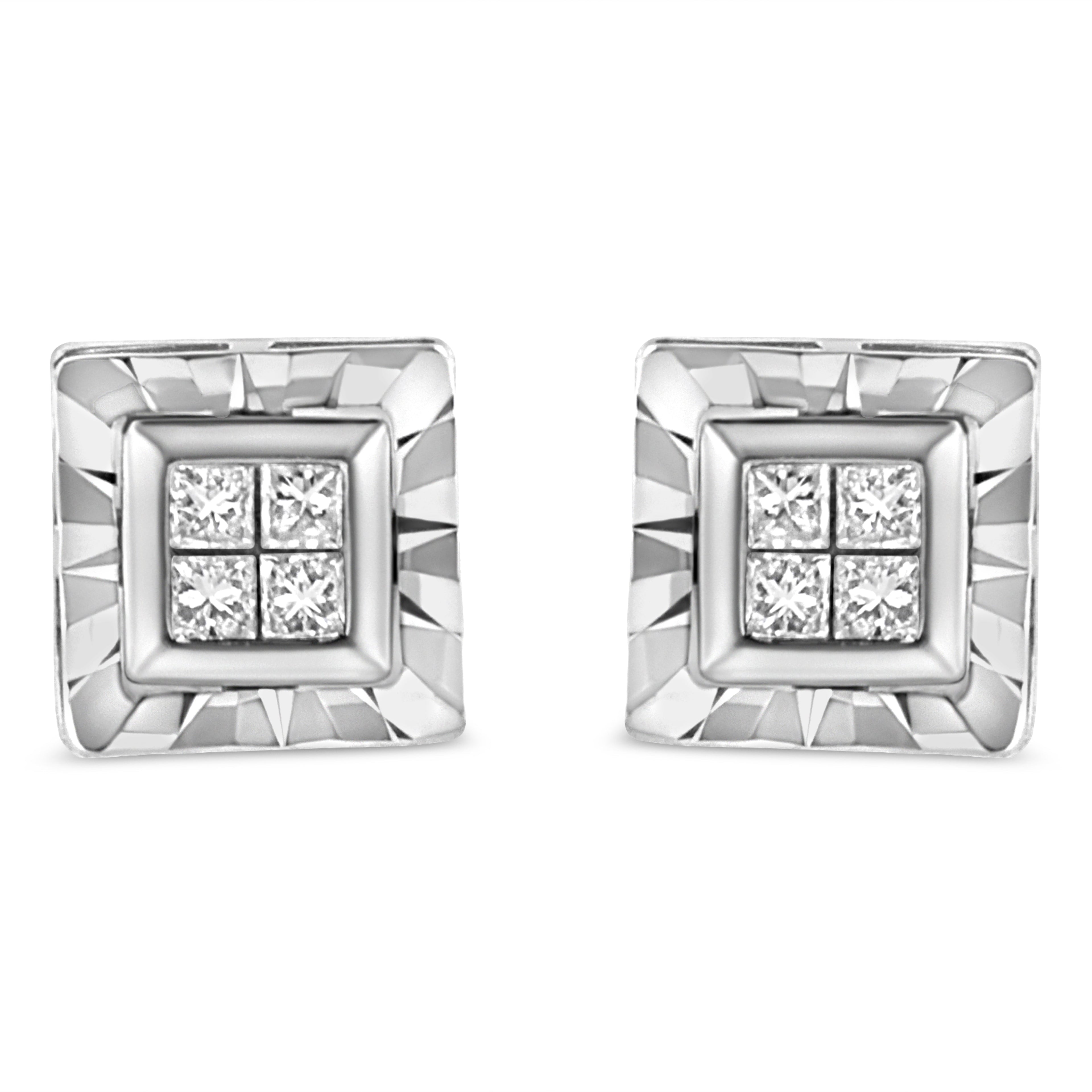 .925 Sterling Silver 1/6 Cttw Invisible Set Princess-Cut Diamond Quad Composite Stud Earrings (H-I Color, I1-I2 Clarity) by Bids.com