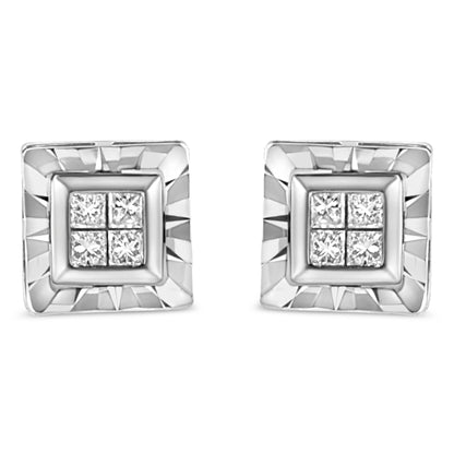 .925 Sterling Silver 1/6 Cttw Invisible Set Princess-Cut Diamond Quad Composite Stud Earrings (H-I Color, I1-I2 Clarity) by Bids.com