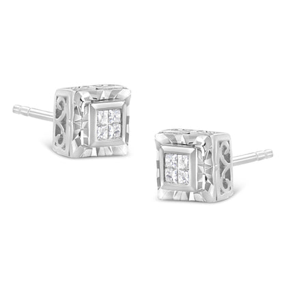 .925 Sterling Silver 1/6 Cttw Invisible Set Princess-Cut Diamond Quad Composite Stud Earrings (H-I Color, I1-I2 Clarity) by Bids.com