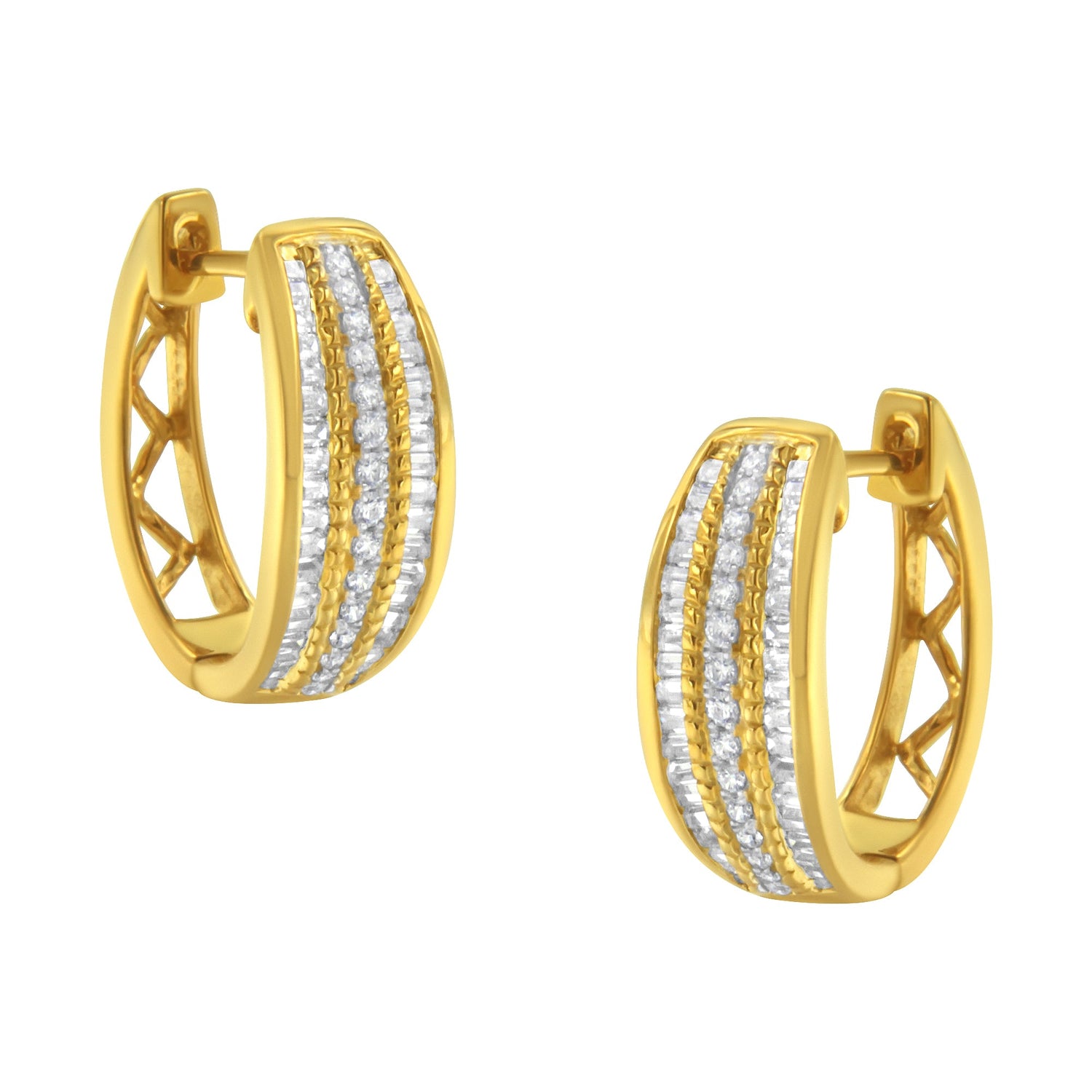 10K Yellow Gold 3/4 Cttw Pave and Channel Set Diamond Triple Row Modern Hoop Earrings (I-J Color, I2-I3 Clarity) by Bids.com