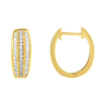 10K Yellow Gold 3/4 Cttw Pave and Channel Set Diamond Triple Row Modern Hoop Earrings (I-J Color, I2-I3 Clarity) by Bids.com