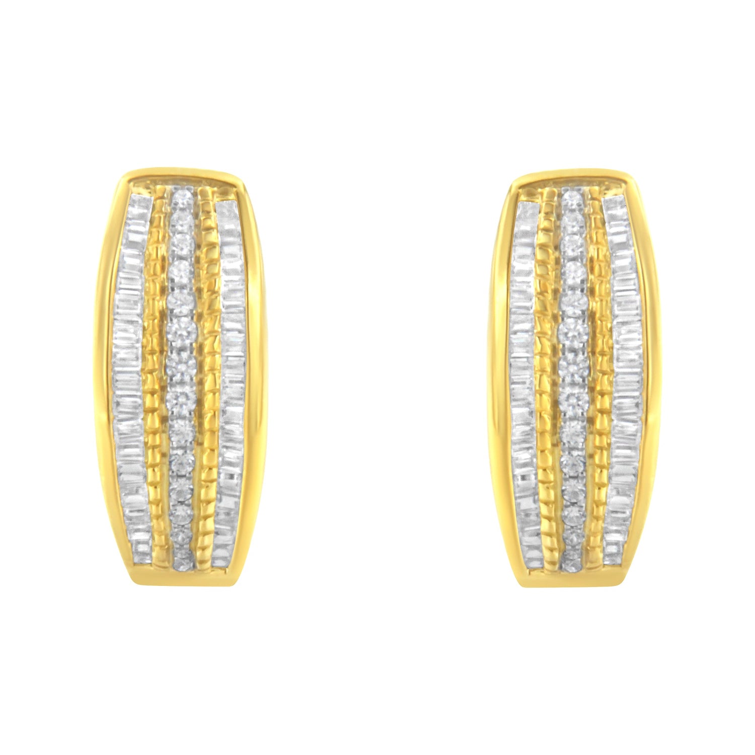 10K Yellow Gold 3/4 Cttw Pave and Channel Set Diamond Triple Row Modern Hoop Earrings (I-J Color, I2-I3 Clarity) by Bids.com