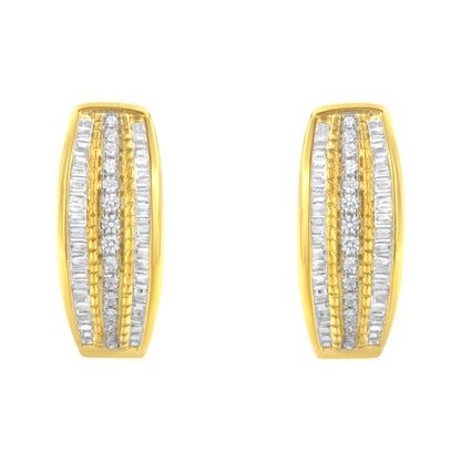 10K Yellow Gold 3/4 Cttw Pave and Channel Set Diamond Triple Row Modern Hoop Earrings (I-J Color, I2-I3 Clarity) by Bids.com