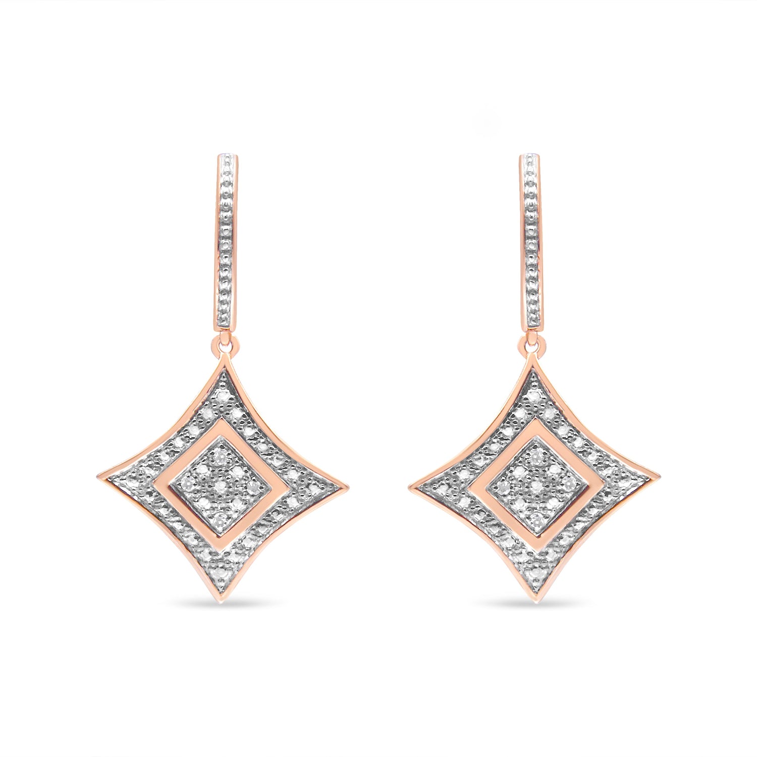 10K Rose Gold Plated Sterling Silver Round Cut Diamond Cushion Dangle Earrings (0.04 cttw, H-I Color, I2-I3 Clarity) by Bids.com