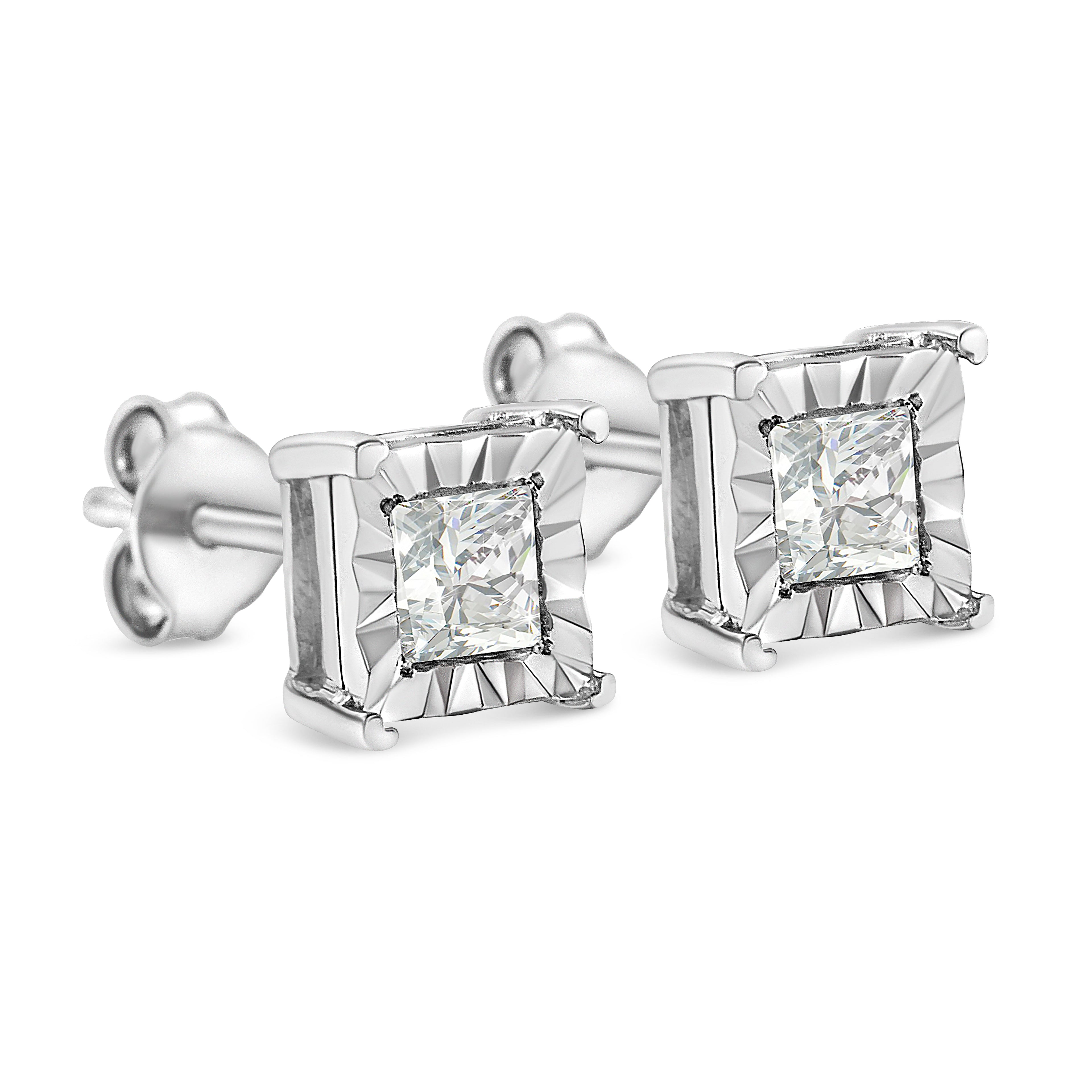 .925 Sterling Silver 1/2 Cttw Miracle Set Princess-cut Diamond Solitaire Stud Earrings (I-J Color, SI1-SI2 Clarity) by Bids.com
