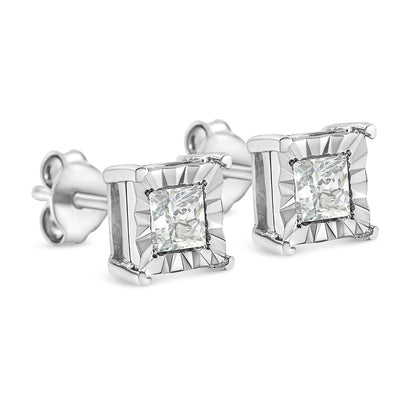 .925 Sterling Silver 1/2 Cttw Miracle Set Princess-cut Diamond Solitaire Stud Earrings (I-J Color, SI1-SI2 Clarity) by Bids.com