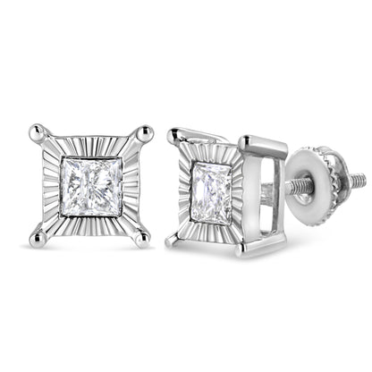.925 Sterling Silver 1.0 Cttw Miracle Set Princess-cut Diamond Solitaire Stud Earrings (H-I Color, I2-I3 Clarity) by Bids.com