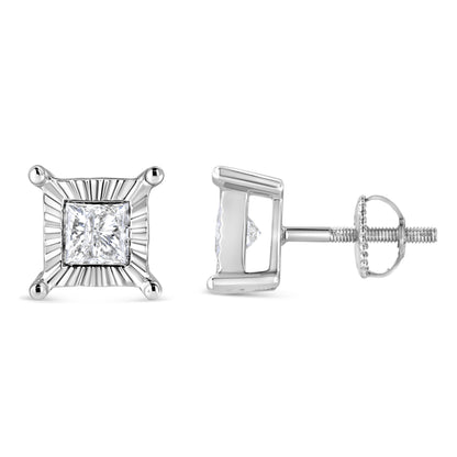 .925 Sterling Silver 1.0 Cttw Miracle Set Princess-cut Diamond Solitaire Stud Earrings (H-I Color, I2-I3 Clarity) by Bids.com