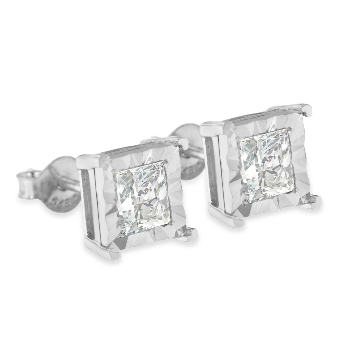 .925 Sterling Silver 1.0 Cttw Miracle Set Princess-cut Diamond Solitaire Stud Earrings (H-I Color, I2-I3 Clarity) by Bids.com